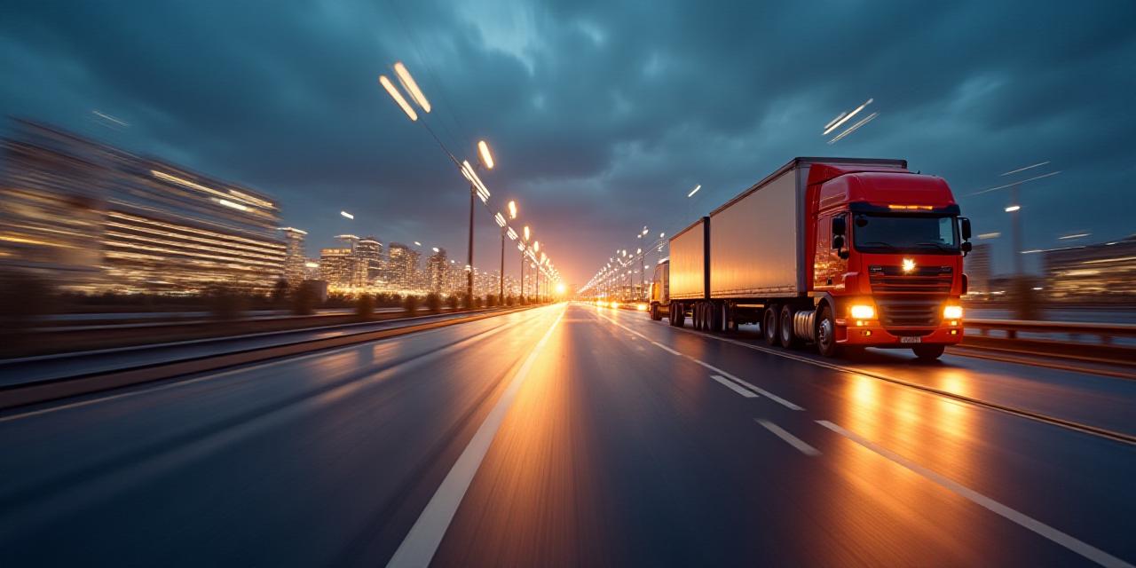 A high-speed logistics hub at dusk with motion blurred trucks